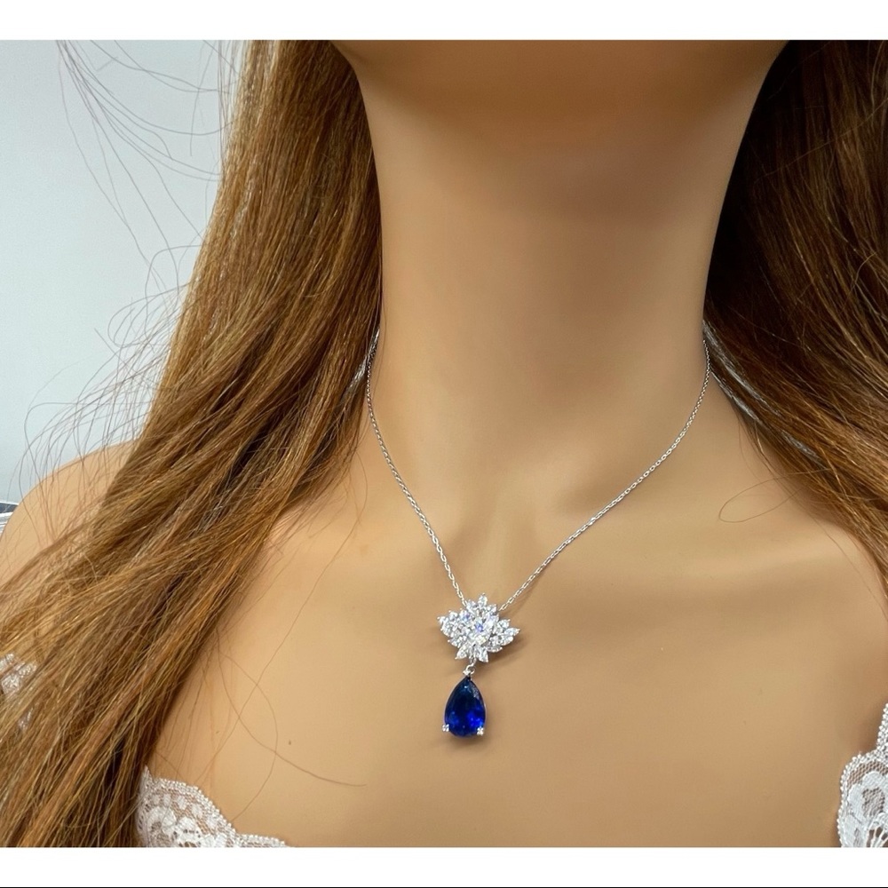 S925 Silver Luxury statement blue sapphire cz necklace drop - Picture 4 of 7